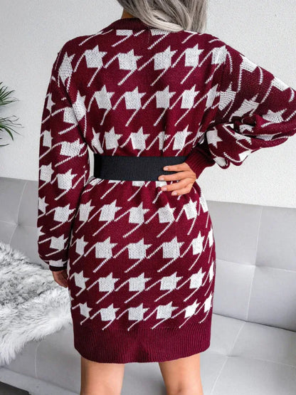 Women's Knitted Wool Dress with Lantern Sleeves and Thousand Bird Lattice Design - Shello's Creative Boutique