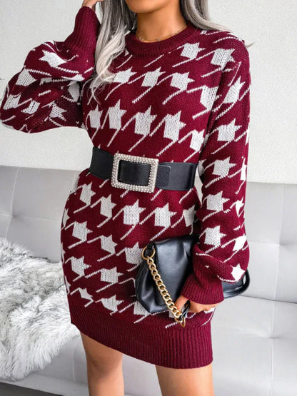 Women's Knitted Wool Dress with Lantern Sleeves and Thousand Bird Lattice Design - Shello's Creative Boutique