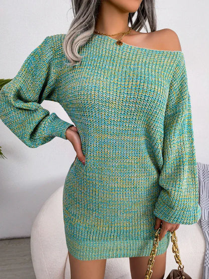 Matterhorn Women's Straight Neck Off-Shoulder Lantern Sleeve Knitted Wool Dress - Shello's Creative Boutique