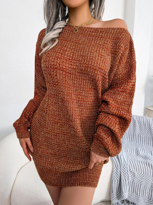 Women's straight neck off shoulder colorful lantern sleeve knitted wool dress Shello's Creative Boutique