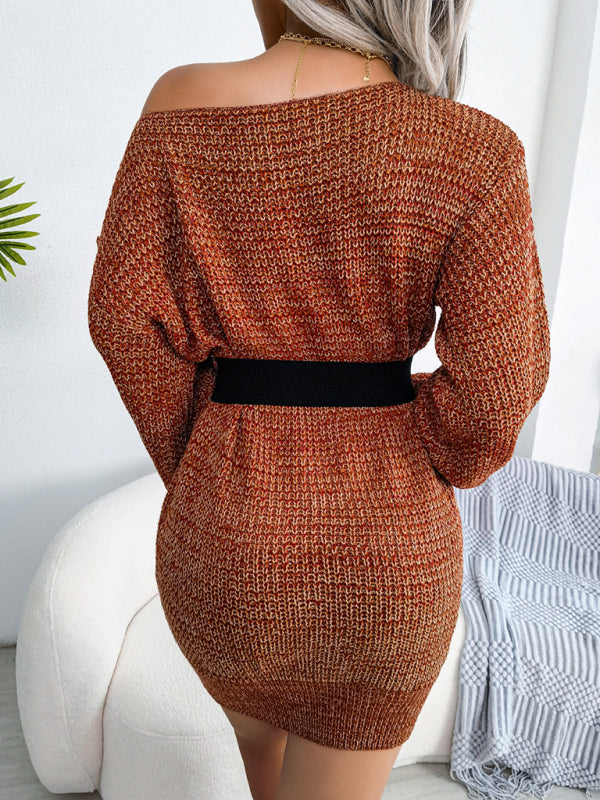 Women's straight neck off shoulder colorful lantern sleeve knitted wool dress Shello's Creative Boutique