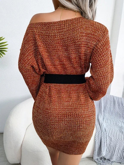 Matterhorn Women's Straight Neck Off-Shoulder Lantern Sleeve Knitted Wool Dress - Shello's Creative Boutique