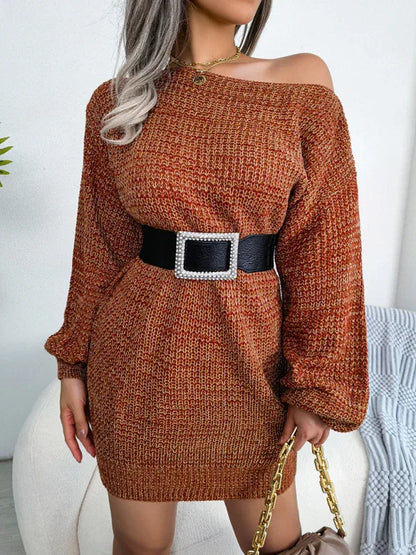 Matterhorn Women's Straight Neck Off-Shoulder Lantern Sleeve Knitted Wool Dress - Shello's Creative Boutique