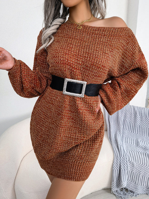 Women's straight neck off shoulder colorful lantern sleeve knitted wool dress Shello's Creative Boutique