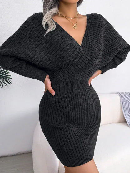 Women's Wool Dress - Cross V-Neck Bat Sleeve Bag Buttock Style - Shello's Creative Boutique