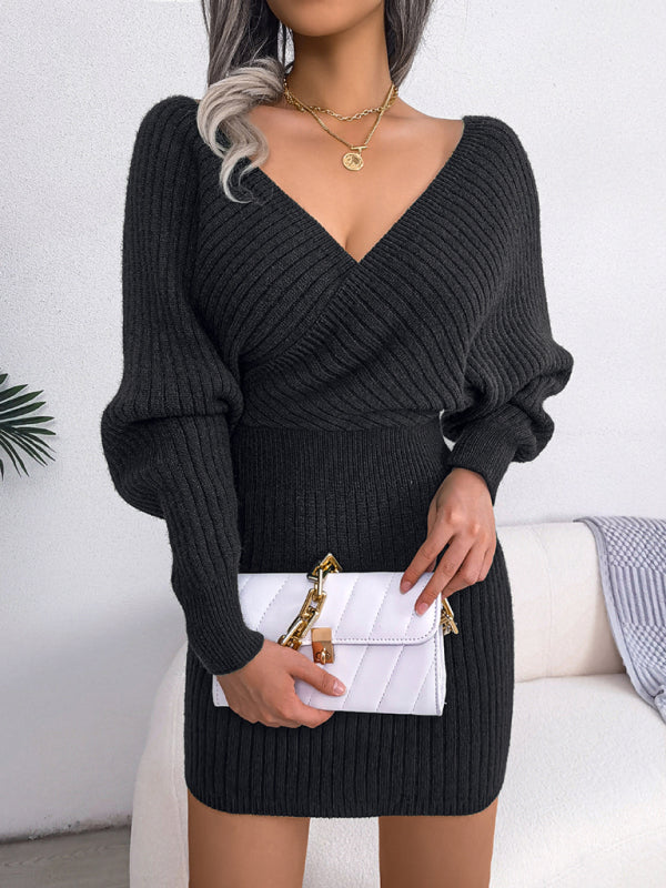 Women's Cross V-neck bat skirt bag buttock dress wool dress Shello's Creative Boutique