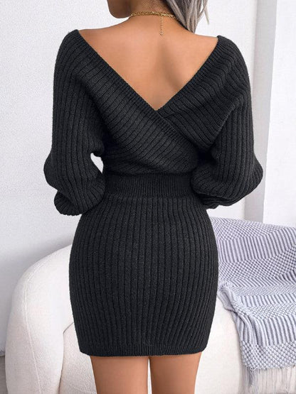 Women's Wool Dress - Cross V-Neck Bat Sleeve Bag Buttock Style - Shello's Creative Boutique