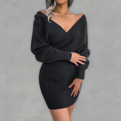 Women's Wool Dress - Cross V-Neck Bat Sleeve Bag Buttock Style - Shello's Creative Boutique