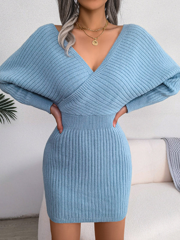 Women's Cross V-neck bat skirt bag buttock dress wool dress Shello's Creative Boutique