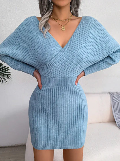 Women's Wool Dress - Cross V-Neck Bat Sleeve Bag Buttock Style - Shello's Creative Boutique