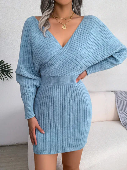 Women's Wool Dress - Cross V-Neck Bat Sleeve Bag Buttock Style - Shello's Creative Boutique