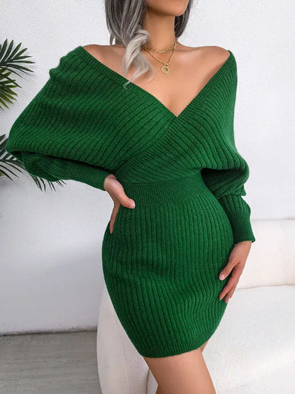 Women's Wool Dress - Cross V-Neck Bat Sleeve Bag Buttock Style - Shello's Creative Boutique