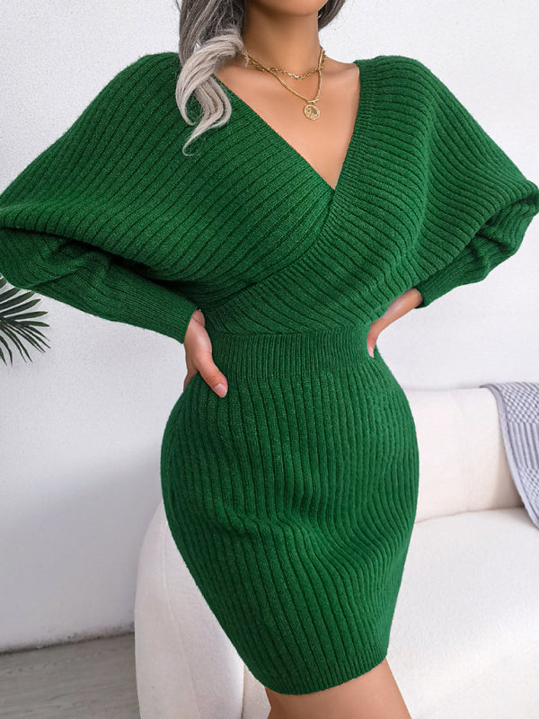 Women's Cross V-neck bat skirt bag buttock dress wool dress Shello's Creative Boutique