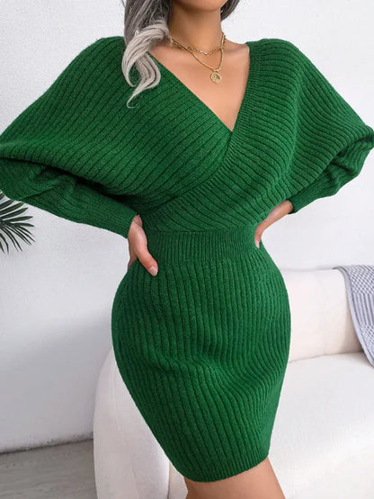 Women's Wool Dress - Cross V-Neck Bat Sleeve Bag Buttock Style - Shello's Creative Boutique