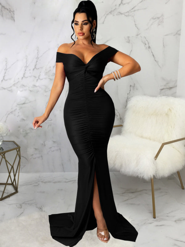 Women's Solid Color Big V Neck Skinny Ruched Dress Shello's Creative Boutique