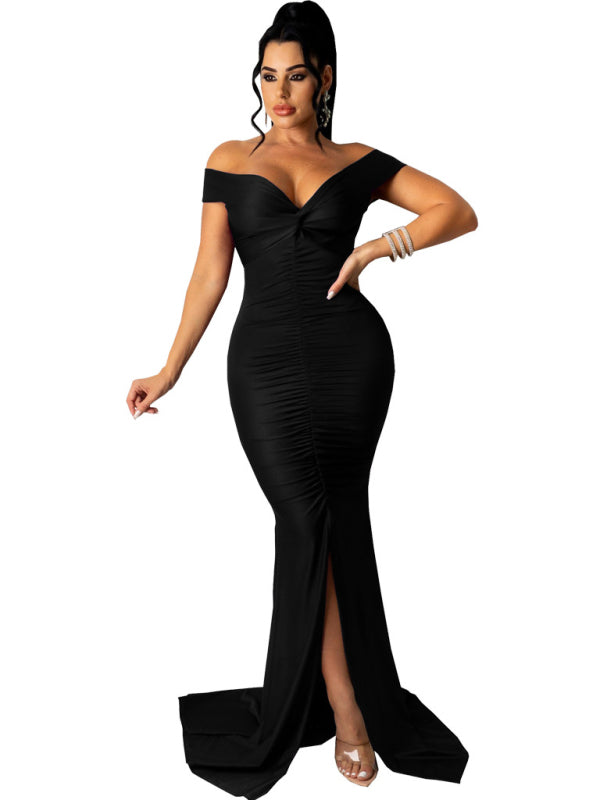 Women's Solid Color Big V Neck Skinny Ruched Dress Shello's Creative Boutique