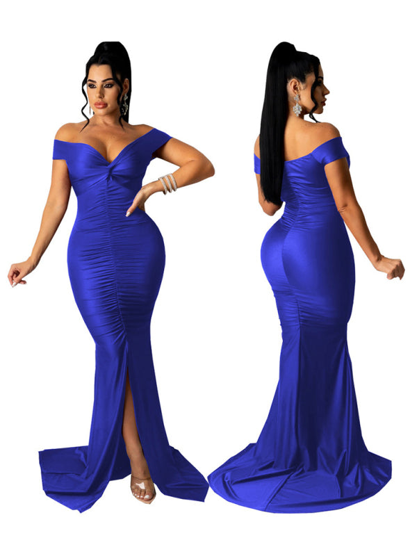 Women's Solid Color Big V Neck Skinny Ruched Dress Shello's Creative Boutique