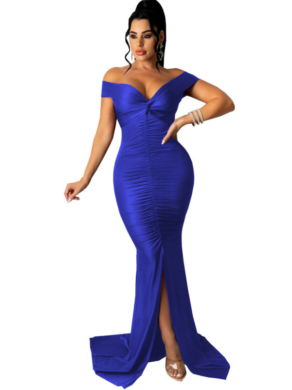 Women's Solid Color Big V Neck Skinny Ruched Dress Shello's Creative Boutique