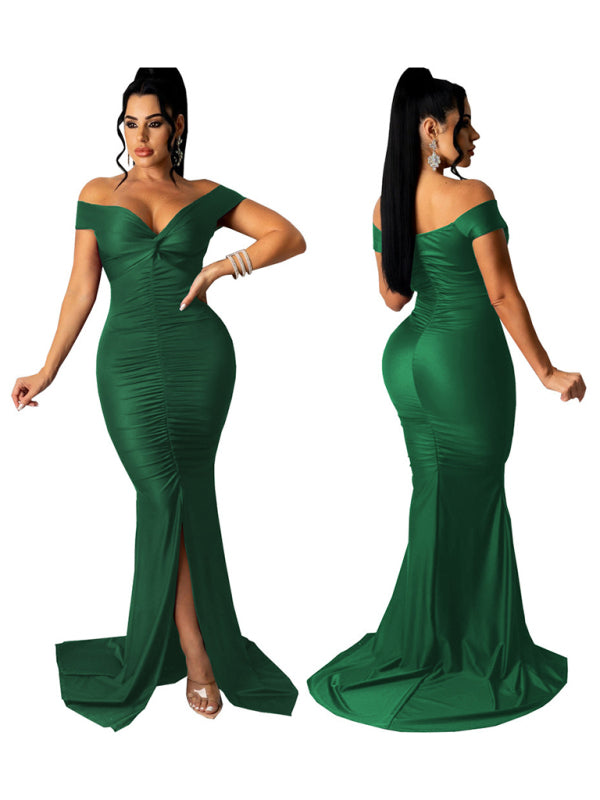 Women's Solid Color Big V Neck Skinny Ruched Dress Shello's Creative Boutique