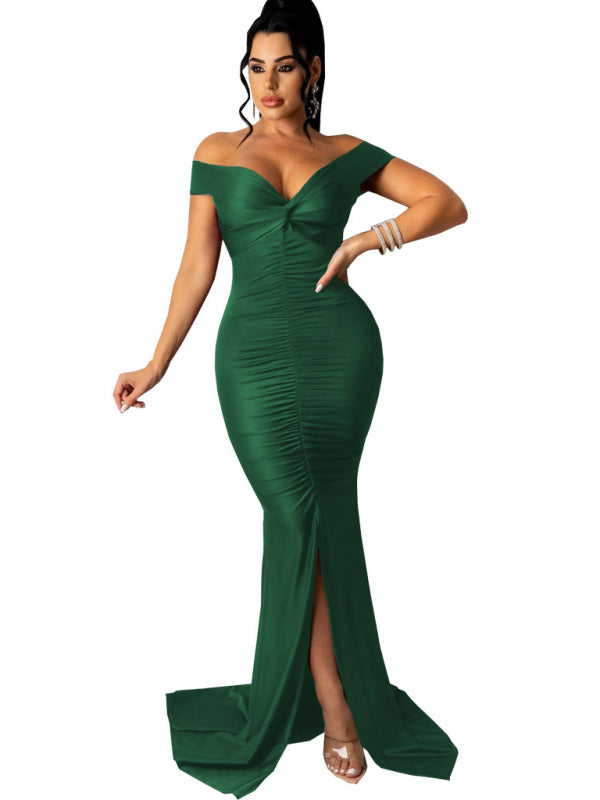 Women's Solid Color Big V Neck Skinny Ruched Dress Shello's Creative Boutique