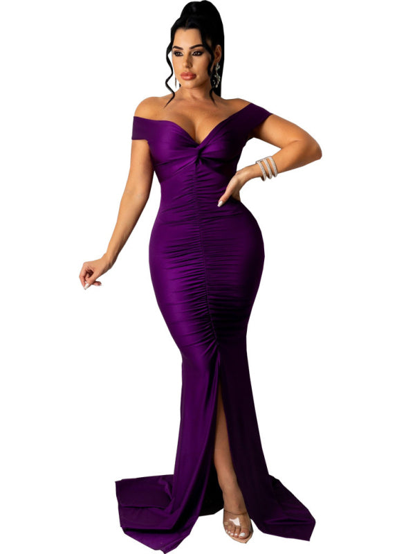 Women's Solid Color Big V Neck Skinny Ruched Dress Shello's Creative Boutique