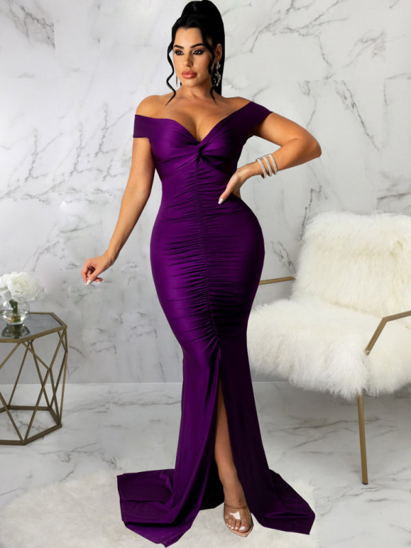 Women's Solid Color Big V Neck Skinny Ruched Dress Shello's Creative Boutique