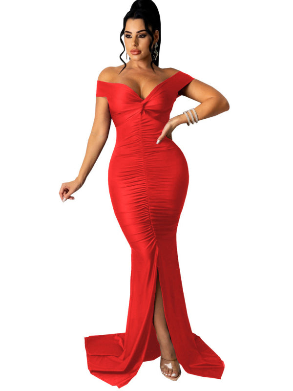 Women's Solid Color Big V Neck Skinny Ruched Dress Shello's Creative Boutique