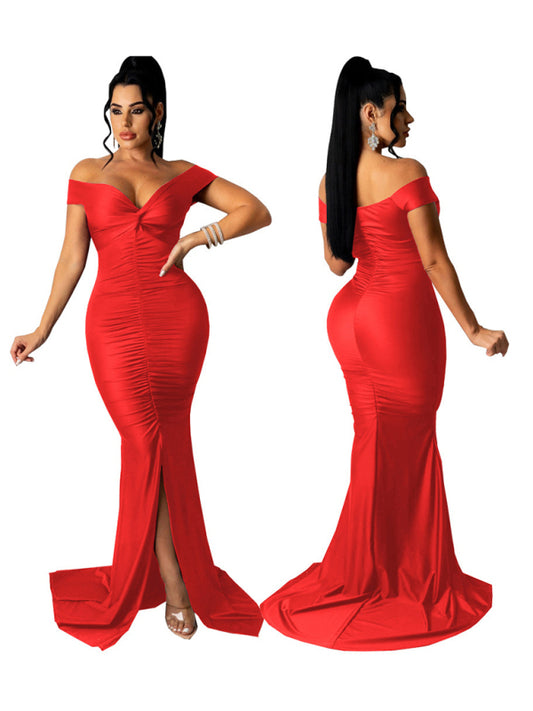 Women's Solid Color Big V Neck Skinny Ruched Dress Shello's Creative Boutique