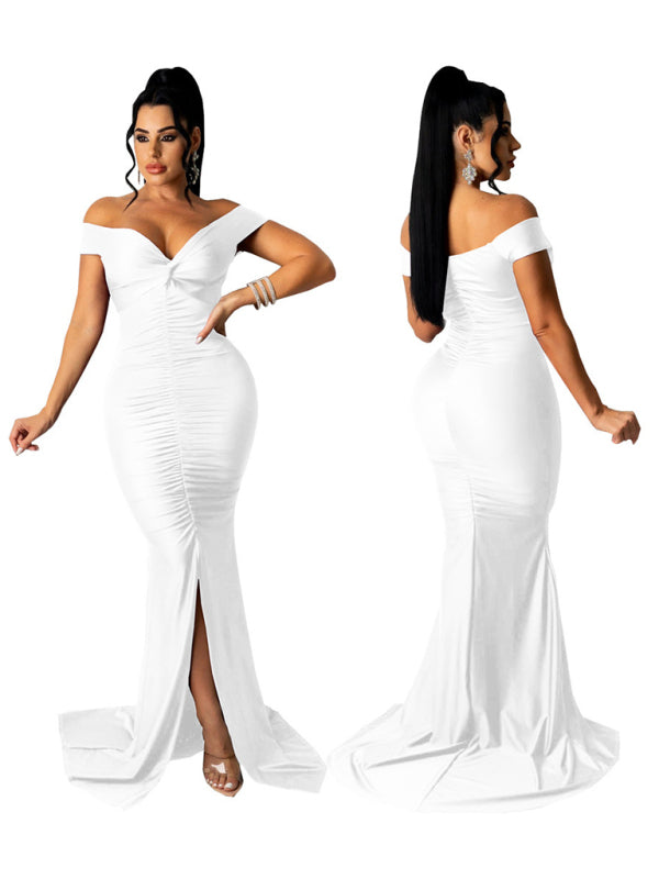 Women's Solid Color Big V Neck Skinny Ruched Dress Shello's Creative Boutique