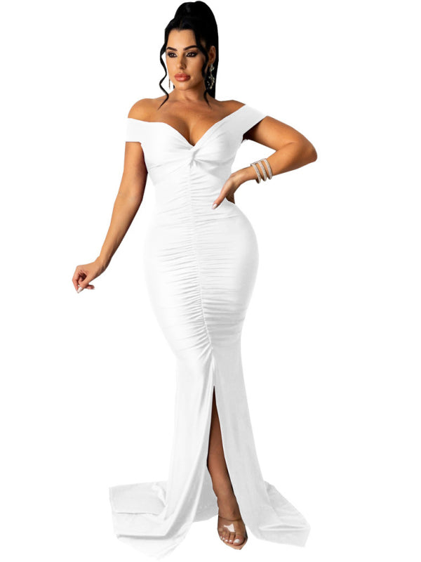 Women's Solid Color Big V Neck Skinny Ruched Dress Shello's Creative Boutique
