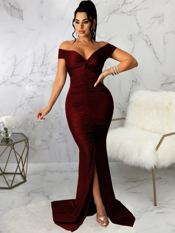 Women's Solid Color Big V Neck Skinny Ruched Dress Shello's Creative Boutique