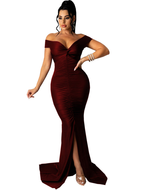 Women's Solid Color Big V Neck Skinny Ruched Dress Shello's Creative Boutique