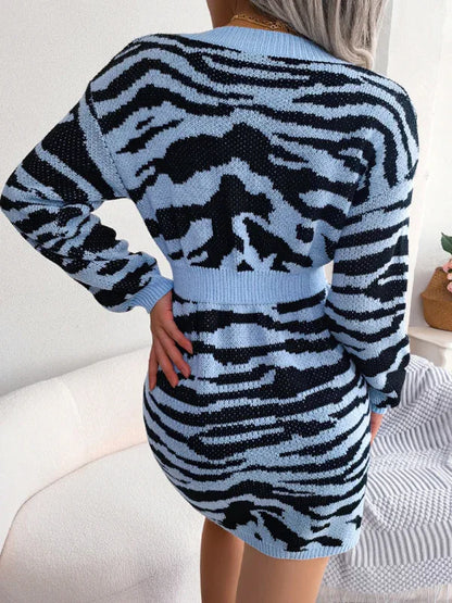 Women's fashion tiger pattern Lantern Sleeve waist closed wool dress - Shello's Creative Boutique