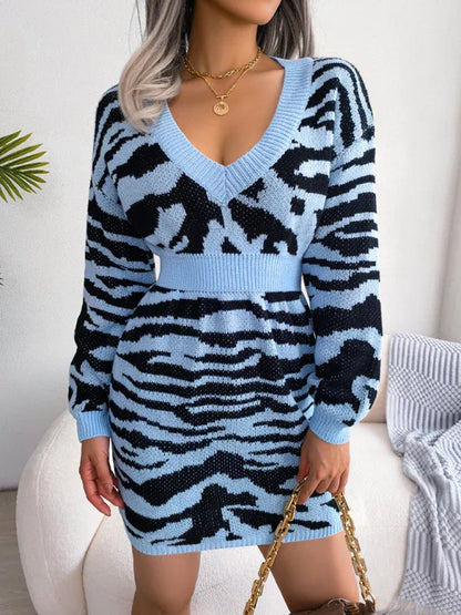 Women's fashion tiger pattern Lantern Sleeve waist closed wool dress - Shello's Creative Boutique