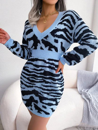 Women's fashion tiger pattern Lantern Sleeve waist closed wool dress - Shello's Creative Boutique