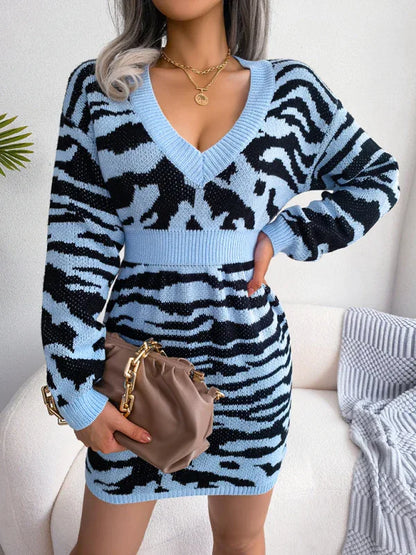 Women's fashion tiger pattern Lantern Sleeve waist closed wool dress - Shello's Creative Boutique