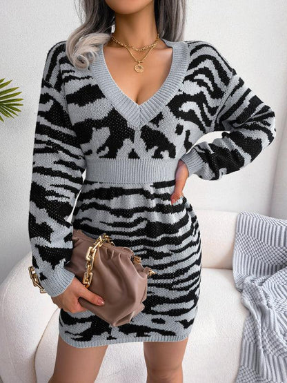 Women's fashion tiger pattern Lantern Sleeve waist closed wool dress - Shello's Creative Boutique
