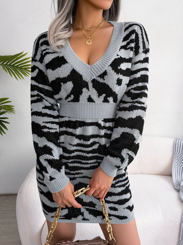 Women's fashion tiger pattern Lantern Sleeve waist closed wool dress Shello's Creative Boutique