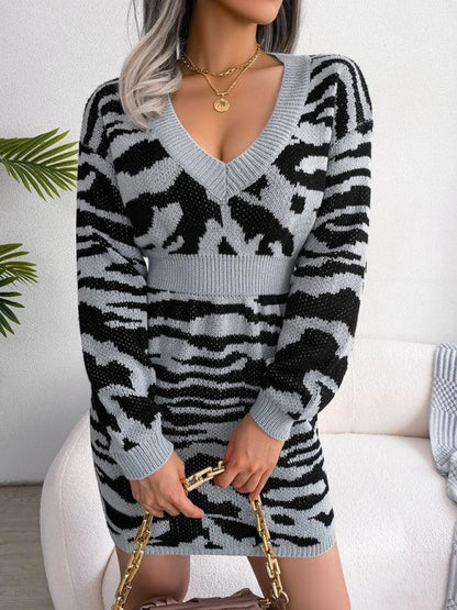 Women's fashion tiger pattern Lantern Sleeve waist closed wool dress - Shello's Creative Boutique