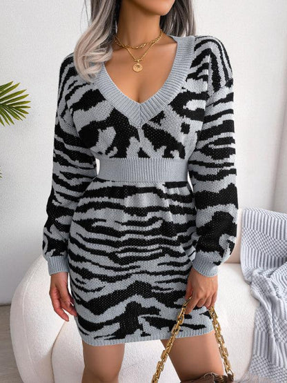 Women's fashion tiger pattern Lantern Sleeve waist closed wool dress - Shello's Creative Boutique