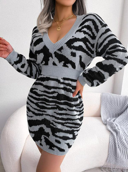 Women's fashion tiger pattern Lantern Sleeve waist closed wool dress - Shello's Creative Boutique
