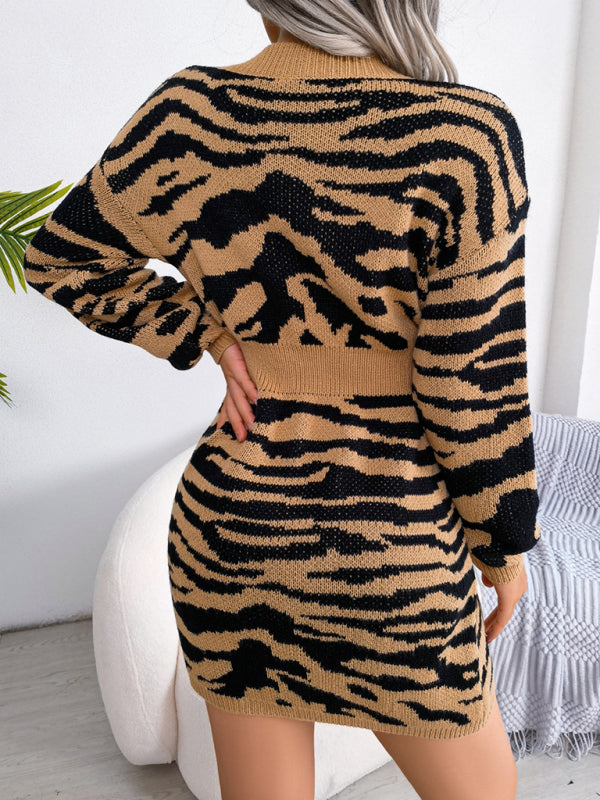 Women's fashion tiger pattern Lantern Sleeve waist closed wool dress Shello's Creative Boutique