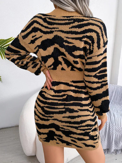 Women's fashion tiger pattern Lantern Sleeve waist closed wool dress - Shello's Creative Boutique