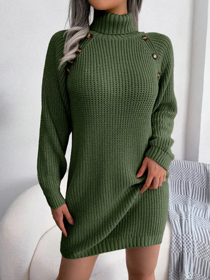 Women's Casual Button High Neck Long Sleeve Bottomed Fur Dress - Shello's Creative Boutique
