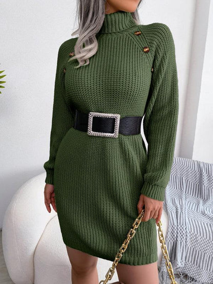 Women's Casual Button High Neck Long Sleeve Bottomed Fur Dress - Shello's Creative Boutique