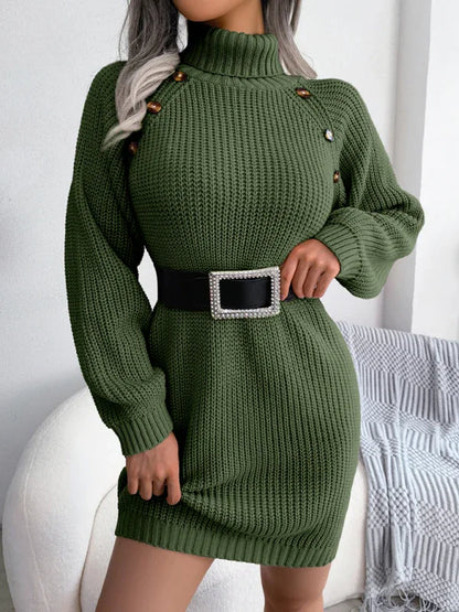Women's Casual Button High Neck Long Sleeve Bottomed Fur Dress - Shello's Creative Boutique