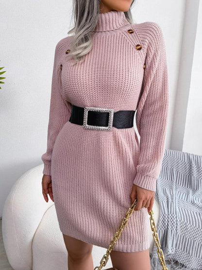 Women's Casual Button High Neck Long Sleeve Bottomed Fur Dress - Shello's Creative Boutique