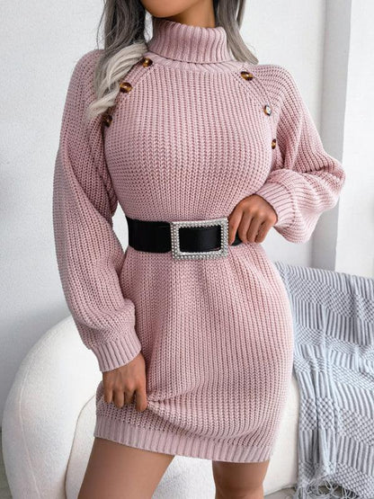 Women's Casual Button High Neck Long Sleeve Bottomed Fur Dress - Shello's Creative Boutique