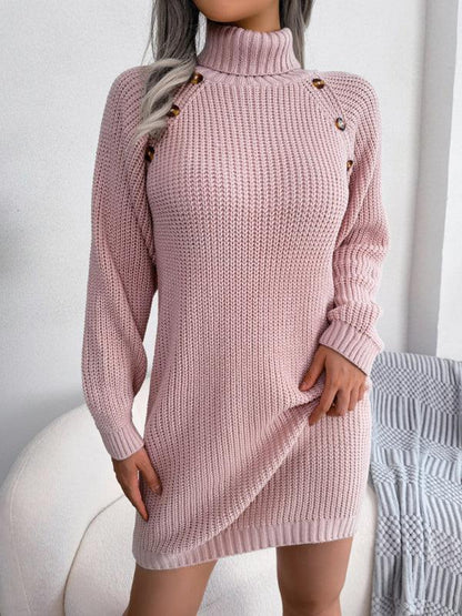 Women's Casual Button High Neck Long Sleeve Bottomed Fur Dress - Shello's Creative Boutique
