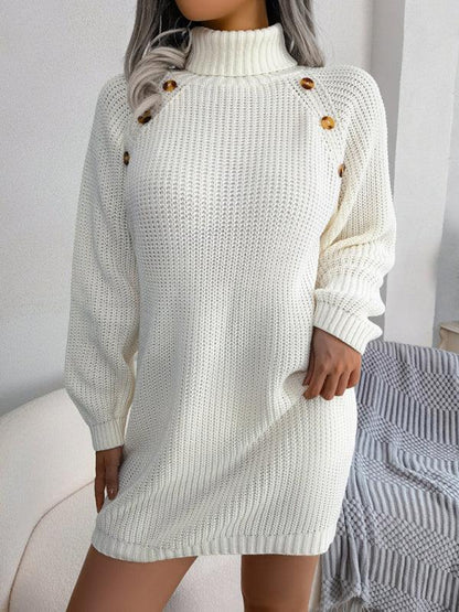 Women's Casual Button High Neck Long Sleeve Bottomed Fur Dress - Shello's Creative Boutique